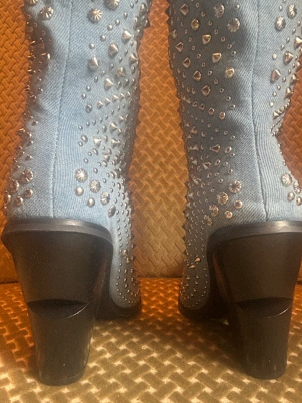 Azalea Wang Texas Studded Denim Pull On Cushioned Wedge Cut Heel Cowboy Boot NEW - Picture 3 of 16